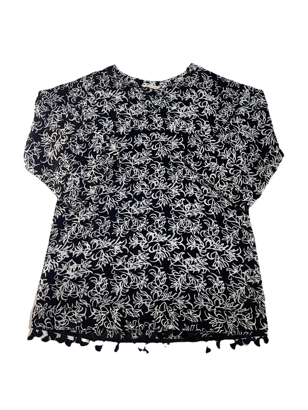 Soft Surroundings Tassel Hem Tunic Top M Black White Floral Boho Rayon 3/4 Sleev